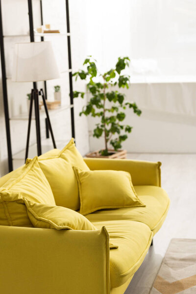 Comfortable yellow sofa with cushions in living room