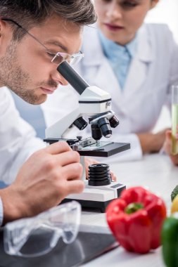 Laboratuvarda mikroskop kullanan moleküler beslenme uzmanının seçici odağı 