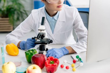 Moleküler beslenme uzmanının laboratuardaki bilgisayara bakması. 