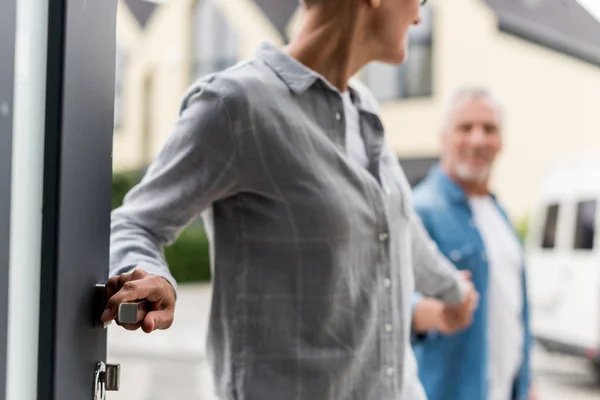 Cropped View Woman Holding Hands Man Entering New House — Stock Photo, Image