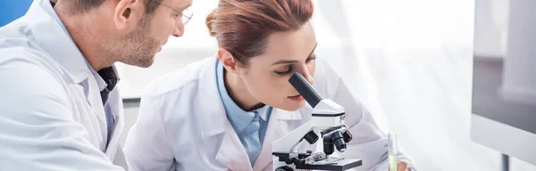 Tiro Panorâmico Nutricionista Molecular Olhando Para Seu Colega Com Microscópio — Fotografia de Stock
