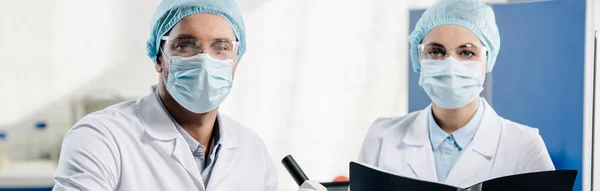 Panoramic Shot Molecular Nutritionists Medical Masks Looking Camera — Stock Photo, Image