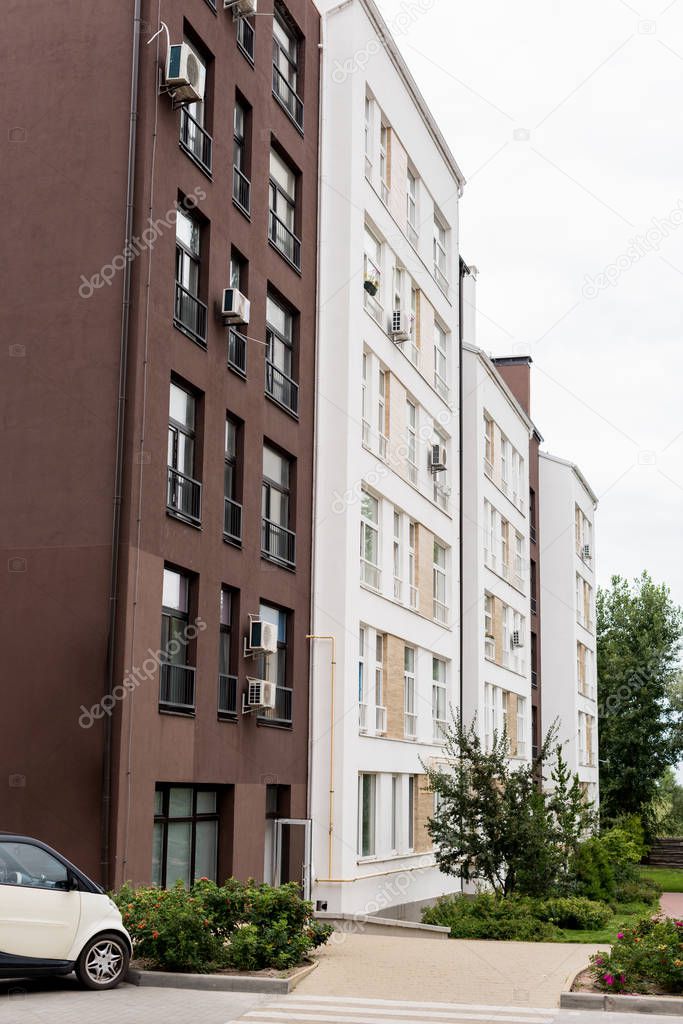 white car and green plants near new houses 