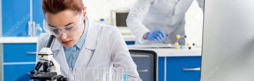 panoramic shot of molecular nutritionist using microscope in lab 