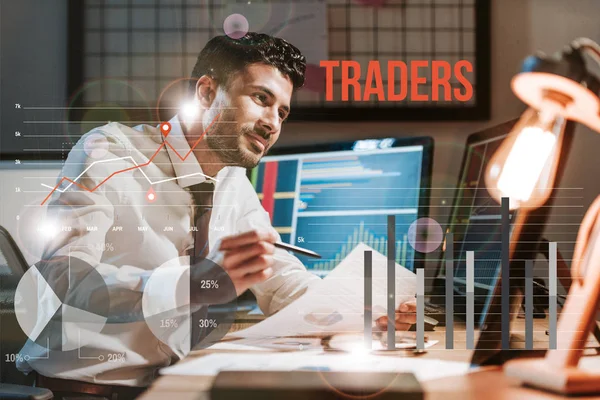 Happy Racial Man Holding Paper Computer Graphs Traders Letters — Stock Photo, Image