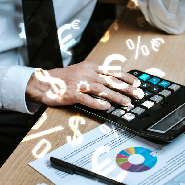 cropped view of trader using calculator near money signs 