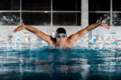 szelektív fókusz jóképű sportoló úszás pillangó stroke uszoda 