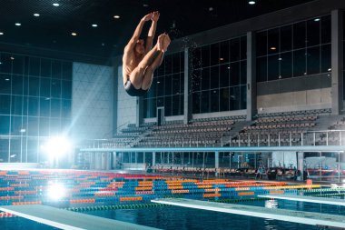 Yüzme havuzunda suya dalan yakışıklı yüzücü 