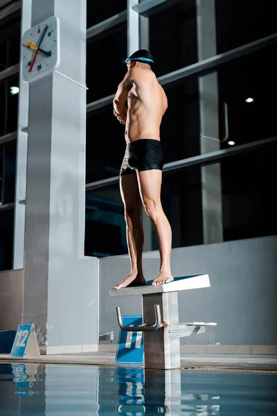 Nadador Muscular Gorra Natación Calentándose Mientras Está Pie Bloque Buceo —  Fotos de Stock