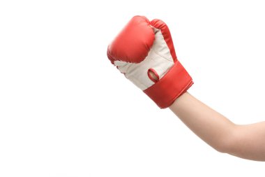 Beyazlar içinde izole edilmiş boks eldivenli kadın manzarası 