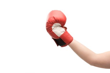 Beyazlar içinde izole edilmiş boks eldivenli kadın manzarası 