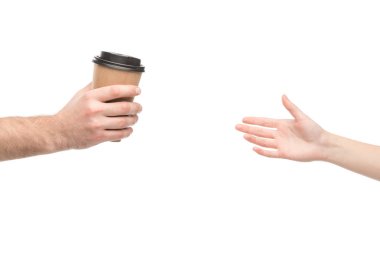 cropped view of man giving paper cup to woman isolated on white clipart