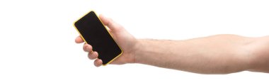 Akıllı telefon tutan adamın beyaz üzerine izole edilmiş panoramik görüntüsü