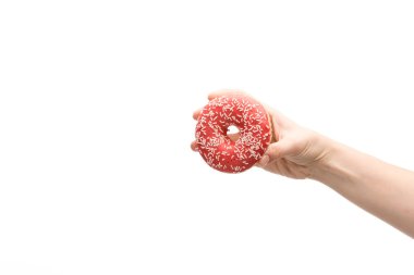 Beyaz üzerinde izole edilmiş donut tutan kadın manzarası