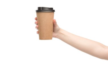 cropped view of woman holding paper cup isolated on white clipart