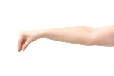 cropped view of woman showing hold gesture isolated on white clipart