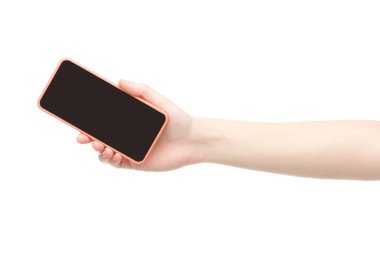 Akıllı telefon tutan kadının beyaz üzerinde izole edilmiş görüntüsü
