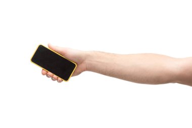 Akıllı telefon tutan adamın beyaz üzerine izole edilmiş görüntüsü