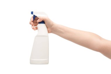 cropped view of woman holding spray isolated on white  clipart