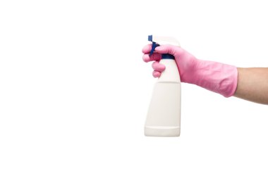 cropped view of man holding spray isolated on white clipart