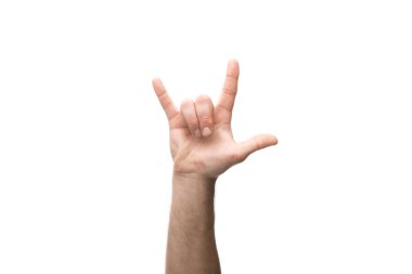 cropped view of man showing rock sign isolated on white clipart