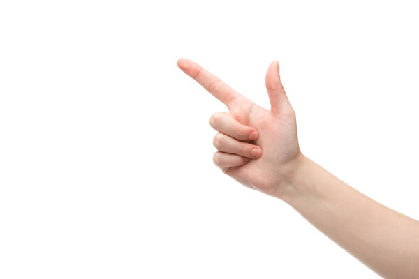 cropped view of woman pointing with finger isolated on white 