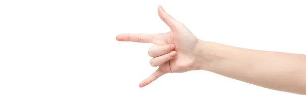 Panoramic Shot Woman Showing Rock Sign Isolated White — Stock Photo, Image