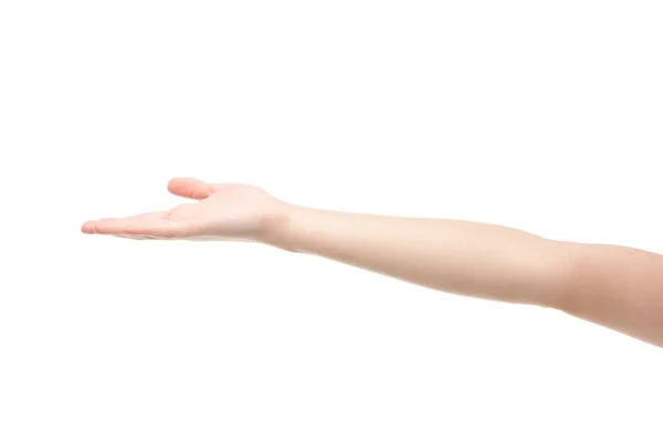 Vista Cortada Mulher Apontando Com Mão Isolada Branco — Fotografia de Stock