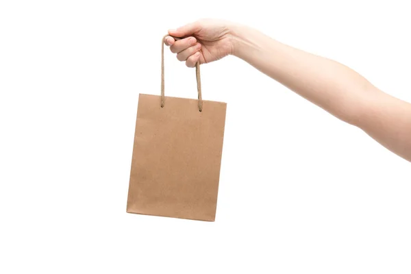 Ausgeschnittene Ansicht Einer Frau Mit Einkaufstasche Auf Weißem Grund — Stockfoto