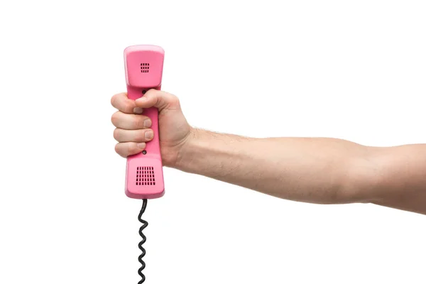 Cropped View Man Holding Handset Isolated White — 스톡 사진