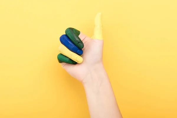 Cropped View Woman Colorful Fingers Showing Yellow Background — 스톡 사진