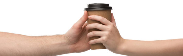 panoramic shot of woman and man holding paper cup isolated on white 