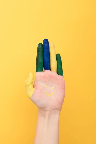 Cropped View Woman Showing Colorful Fingers Smile Isolated Yellow — 스톡 사진