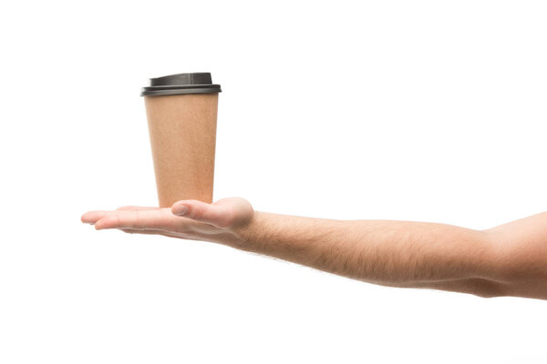 cropped view of man holding paper cup isolated on white 