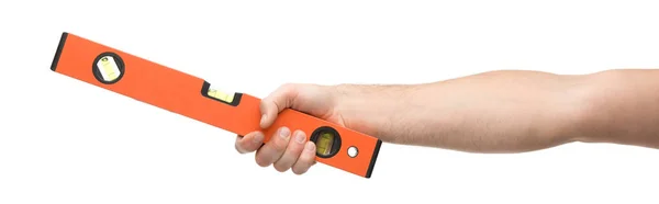 Panoramic Shot Man Holding Spirit Level Isolated White — Stock Photo, Image