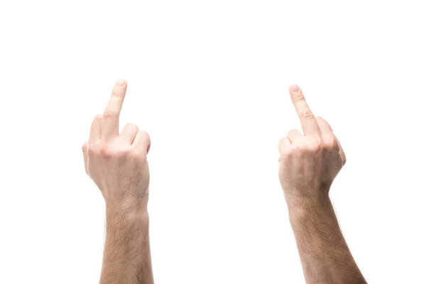 cropped view of man showing middle fingers isolated on white