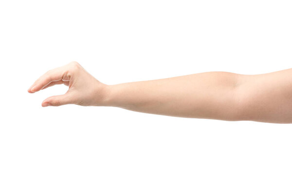 cropped view of woman showing hold gesture isolated on white