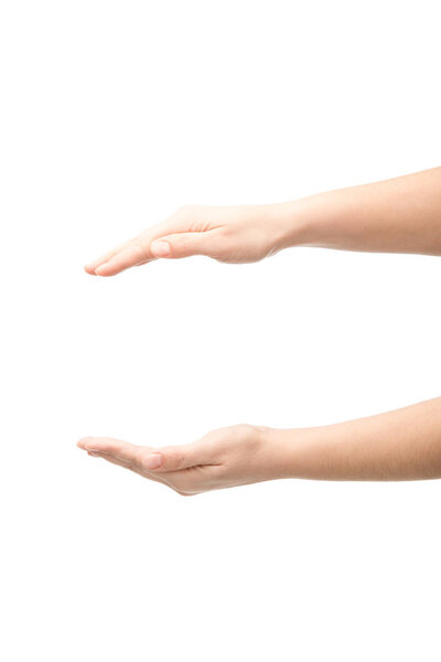 cropped view of woman showing hold gesture isolated on white