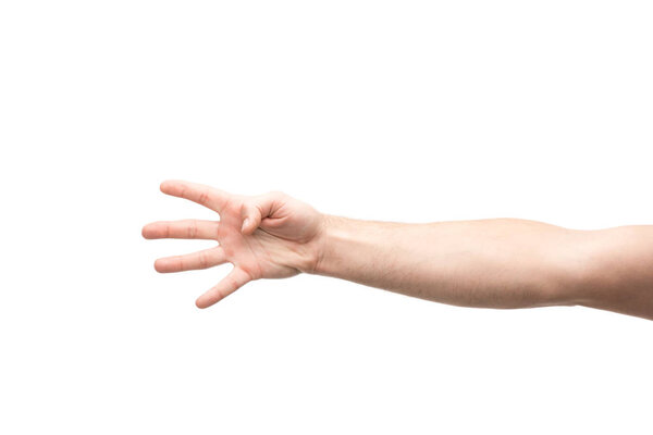 cropped view of man showing four fingers gesture isolated on white