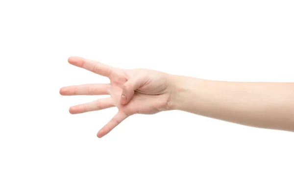 Καλλιεργημένη Άποψη Της Γυναίκας Που Δείχνει Τέσσερα Δάχτυλα Χειρονομία Απομονώνονται — Φωτογραφία Αρχείου