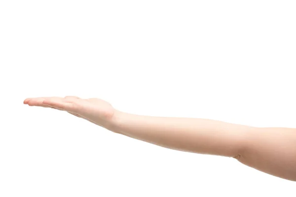 白に隔離された手で指している女性のトリミングされたビュー — ストック写真