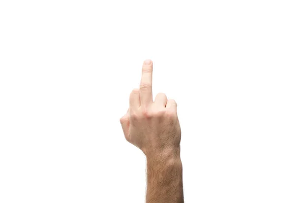 Vista Cortada Homem Mostrando Dedo Médio Isolado Branco — Fotografia de Stock