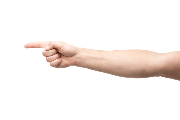 Обрезанный вид человека, показывающего пальцем на белом
