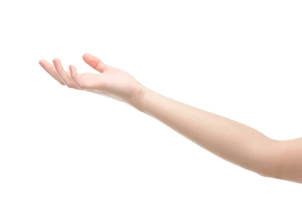 Vista Cortada Mulher Apontando Com Mão Isolada Branco — Fotografia de Stock