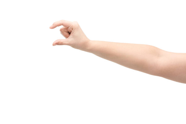cropped view of woman showing hold gesture isolated on white
