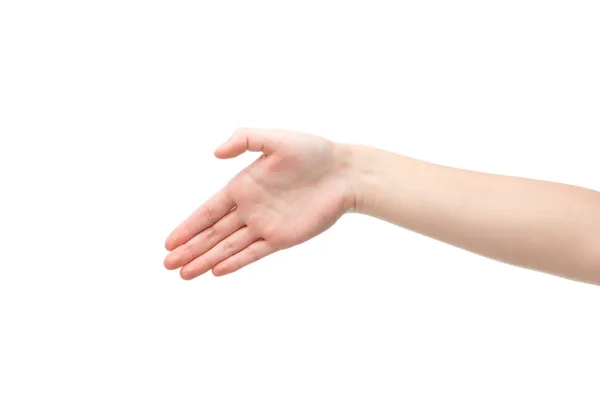 Przycięte Widok Kobiety Wskazując Ręką Białym Tle — Zdjęcie stockowe
