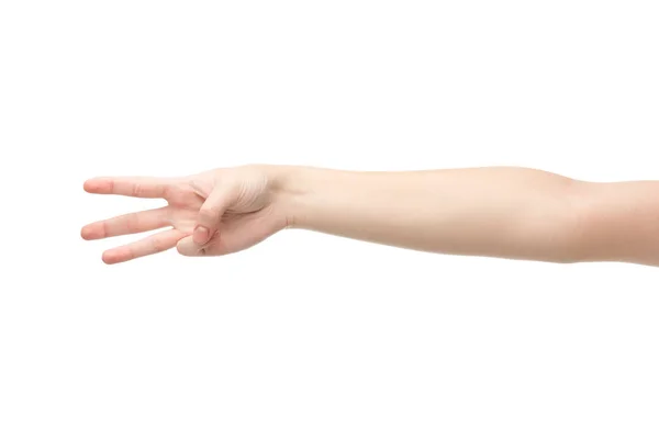 Vista Recortada Mujer Que Muestra Tres Dedos Aislados Blanco — Foto de Stock