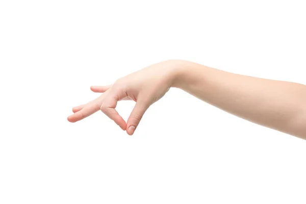 Cropped View Woman Showing Holding Hand Gesture Isolated White — Stock Photo, Image