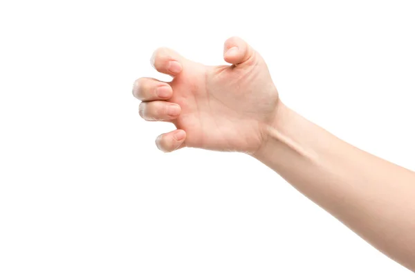 Καλλιεργημένη Άποψη Της Γυναίκας Δείχνει Αρπαγή Χειρονομία Απομονώνονται Λευκό — Φωτογραφία Αρχείου