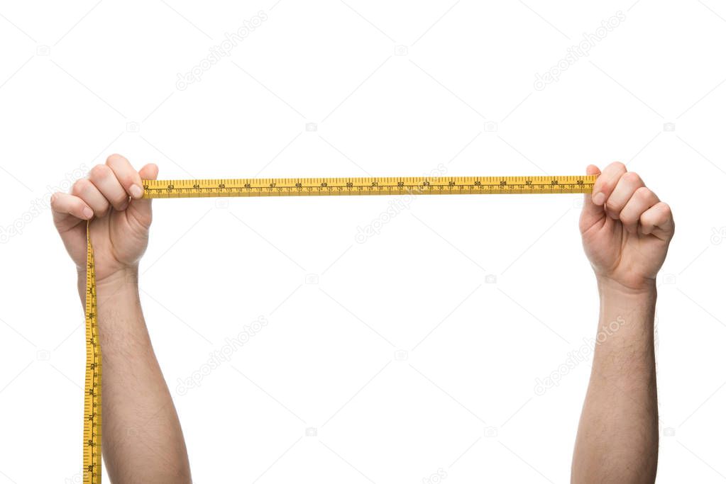 cropped view of man holding measuring tape isolated on white 